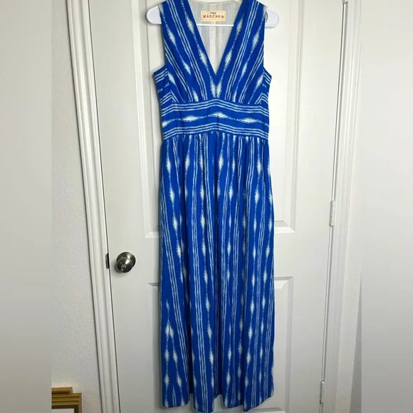 Anthropologie MADCHEN Skywriter Ikat Print Silk Linen Blend Maxi Dress Size 6 - Picture 4 of 15